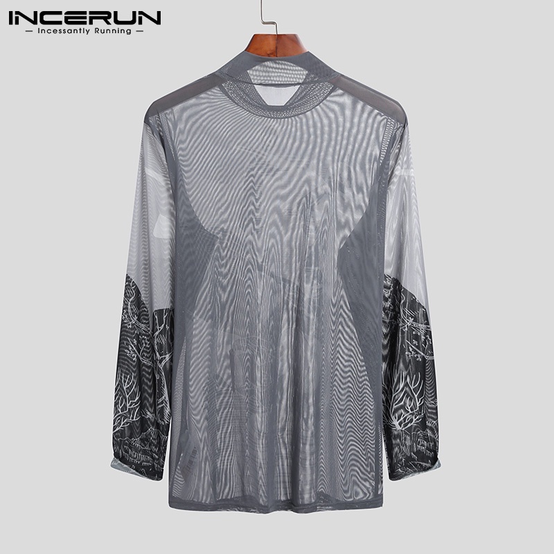 Áo INCERUN tay dài co giãn xuyên thấu ôm dáng in họa tiết thời trang dành cho nam