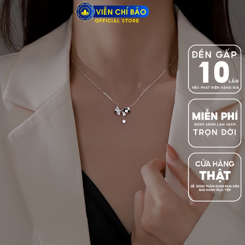Dây chuyền nơ caro đính đá chất liệu bạc Thái 925 thời trang phụ kiện trang sức Viễn Chí Bảo D000089
