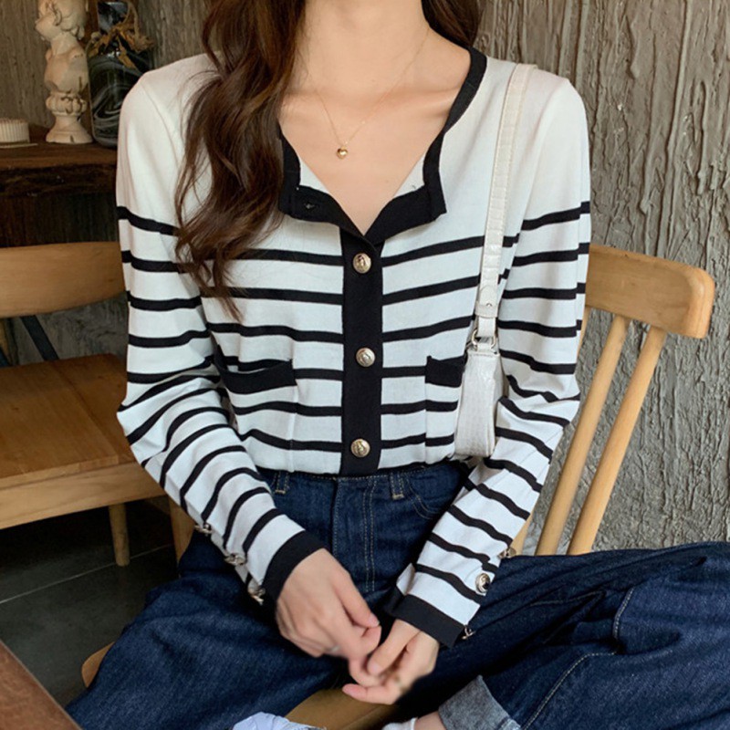 Áo Khoác Len Cardigan Dáng Rộng Kẻ Sọc Ngang Trẻ Trung Hợp Thời Trang