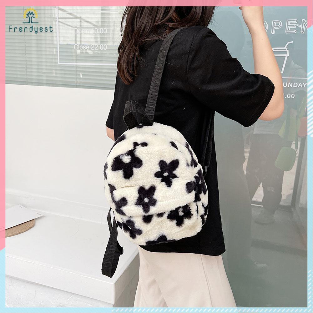 Preppy Style Women Flowers Printing Plush Backpack Casual Small Knapsack