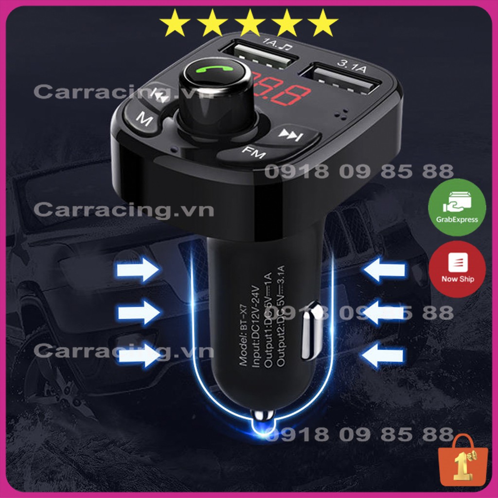 Tẩu Sạc Ô Tô CARRACING Cốc sạc xe hơi Bluetooth 5.0 Tốc Độ Nhanh 3.0 Cho Xe Hơi có nút MENU VÀ FM