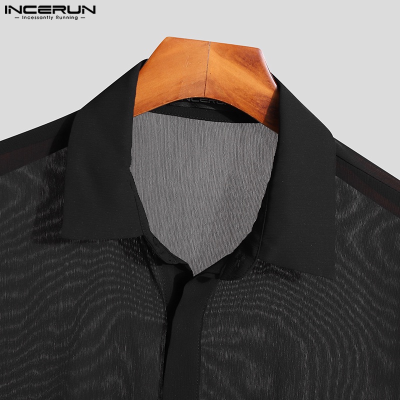 Áo sơ mi INCERUN tay loe phối ren lưới xuyên thấu cài nút sành điệu cho nam