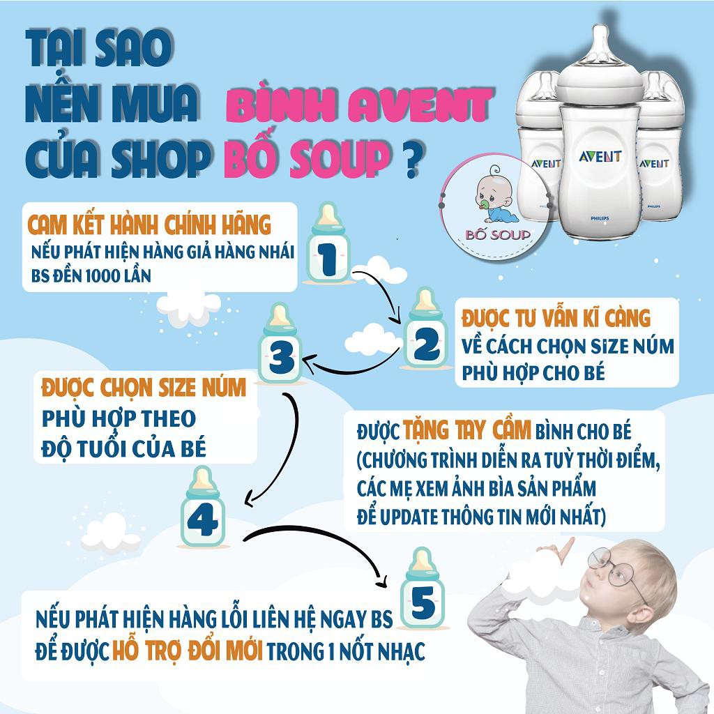 Bình sữa Avent Natural 125ml 260ml 330ml chính hãng cho bé, được đổi size núm phù hợp Shop Bố Soup