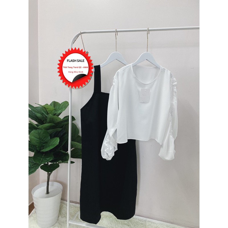 Set Yếm Kaki Đen Kèm Áo Tay Bồng ,Váy Kèm Áo Thun Chất Đũi Trắng X009 | BigBuy360 - bigbuy360.vn