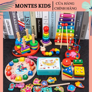 Đồ chơi gỗ thông minh cho bé Montes Kids, combo đồ chơi gỗ montessori phát triển trí tuệ cho bé