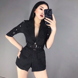 Set áo vest sọc + quần short kèm belt