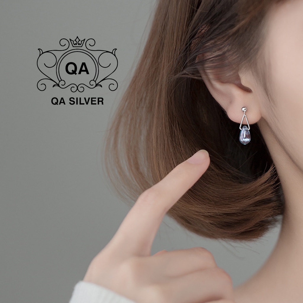 Khuyên tai bạc 925 giọt nước bông mặt đá vân xanh nữ S925 DEWDROP Silver Earrings QA SILVER EA180903