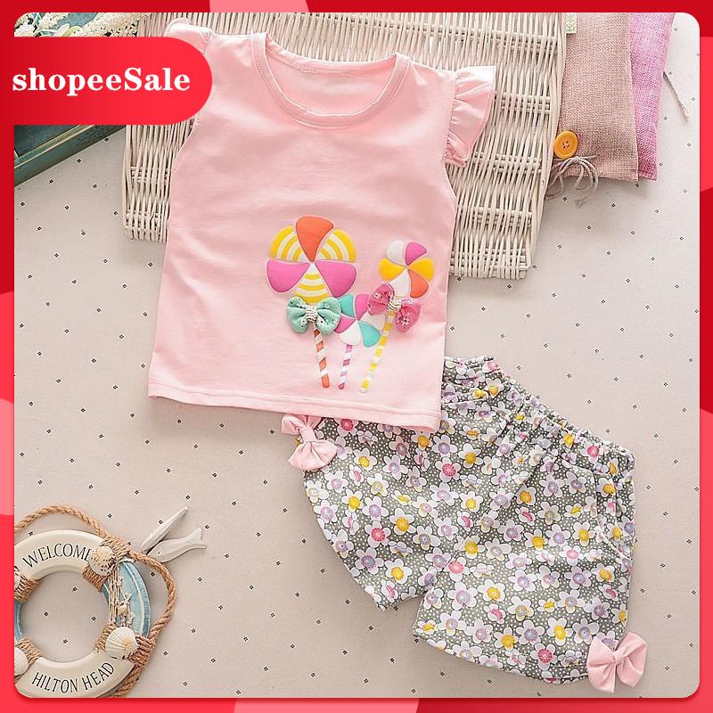 Đồ bộ ngắn vải cotton thoáng mát in họa tiết hoa và chong chóng dễ thương cho bé gái