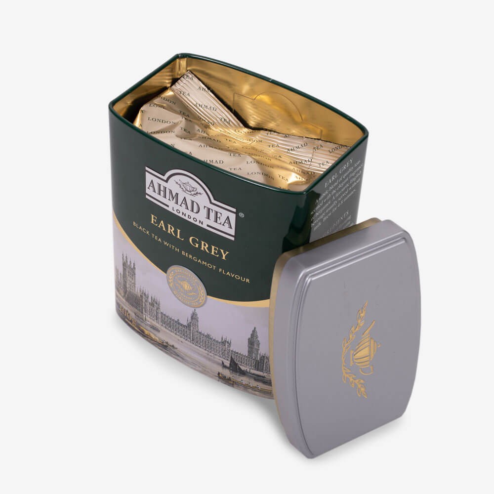 Trà đen Bá Tước pha ấm hộp thiếc phong cảnh London - Ahmad Earl Grey Tea 100g (trà lá pha ấm – 100g trà/hộp)