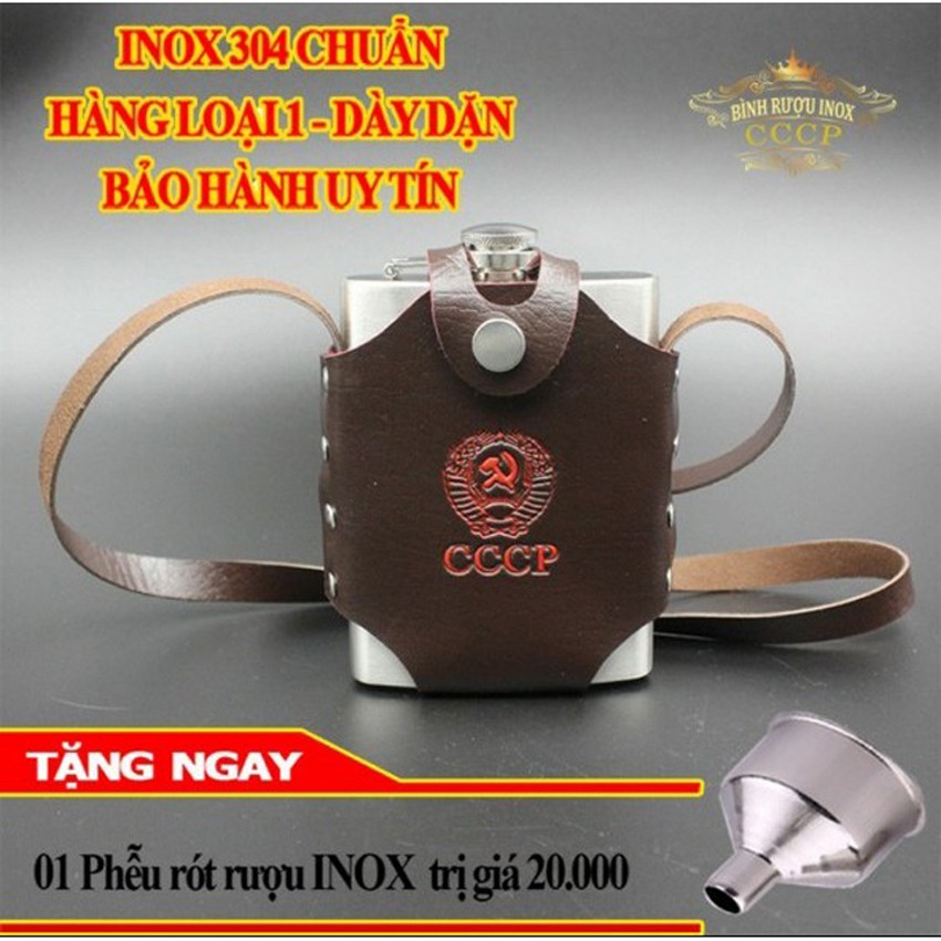 Bình rượu Inox CCCP - 0.25L - Inox 304 Dày Dặn + Tặng Phễu kèm Bao Da sang trọng