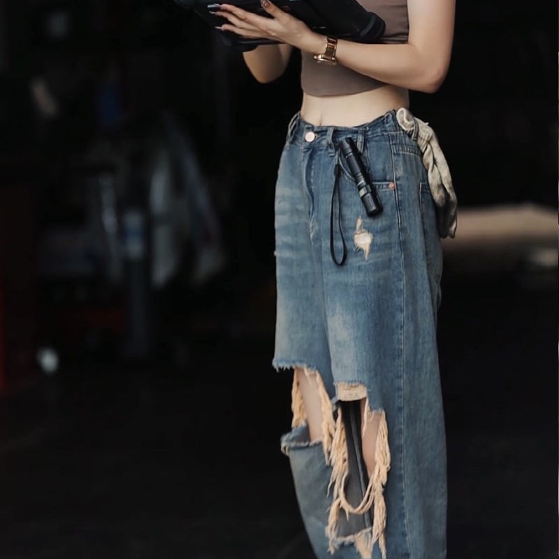 Jiashucheng Quần Jean Nữ Lưng Cao Ống Rộng Rách Gối Thời Trang