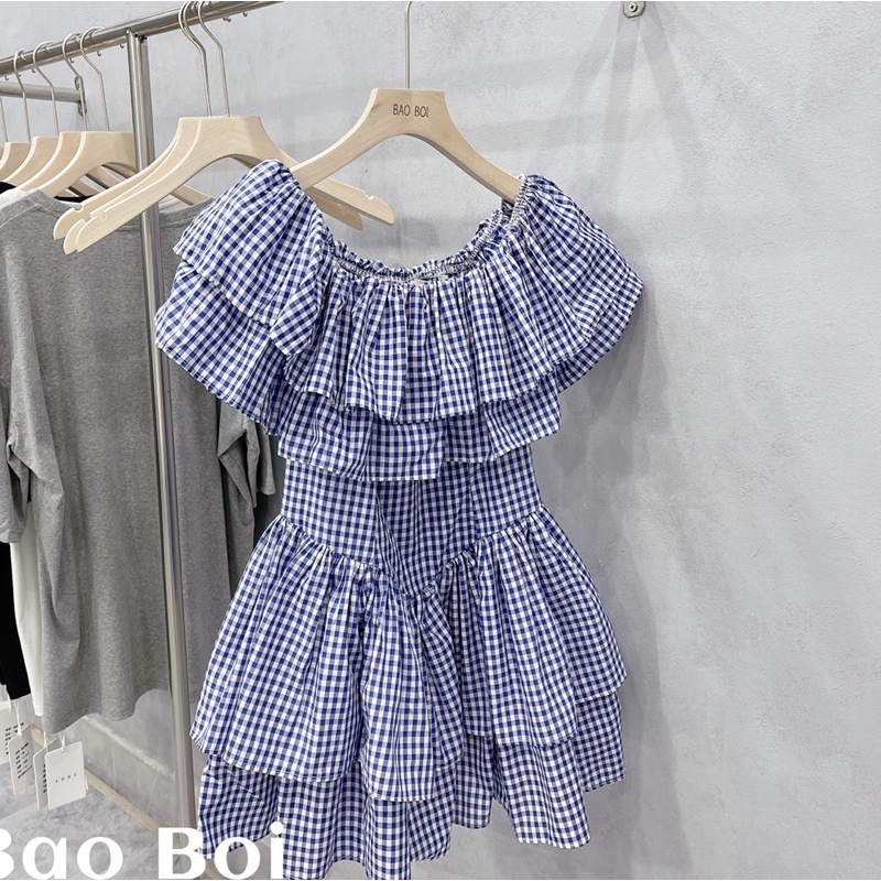 Váy Xinh Caro Xanh Trễ Vai - Váy Tầng Dáng Xoè Ulzzang Style (Hàng Loại 1)