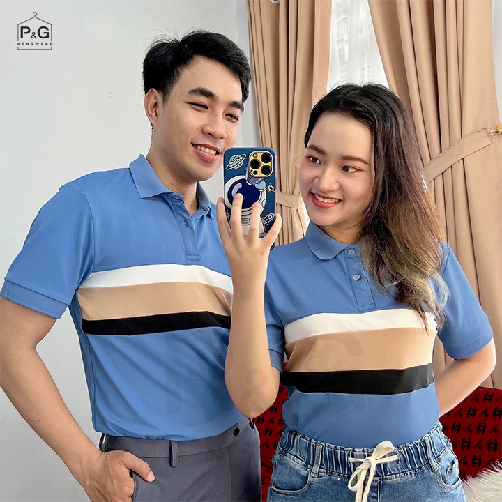 Áo Thun Polo nam nữ cặp đôi Premium, tay ngắn, cổ trụ - màu xanh sẫm, phối kẻ sọc ngang