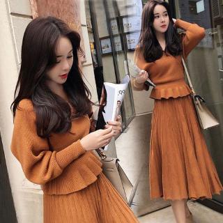 Bộ Áo Dệt Kim Cổ Chữ V + Chân Váy Xếp Ly Dáng Ôm Thời Trang Mùa Xuân 2019 Cho Nữ
