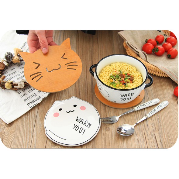 Tô và cốc hình mèo phong cách Hàn Quốc - tặng kèm miếng lót gỗ hình mèo xinh xắn