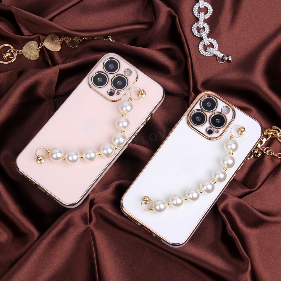 Ốp Điện Thoại Dẻo Mạ Màu Ngọc Trai 3D Sang Trọng Kèm Dây Đeo Cho iPhone 7 8 Plus 11 12 13 Pro MAX X XR XS MAX SE 2020 2022