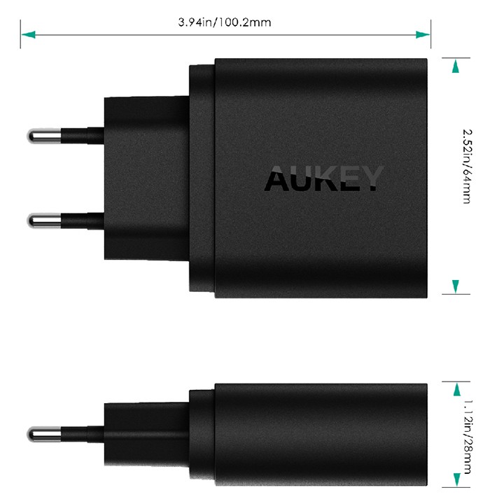 Adapter Sạc 2 Cổng 34.5W Aukey PA-T13 Hỗ Trợ Sạc Nhanh QC 3.0 (Đen) - Hàng Chính Hãng - Bảo hành 24 tháng