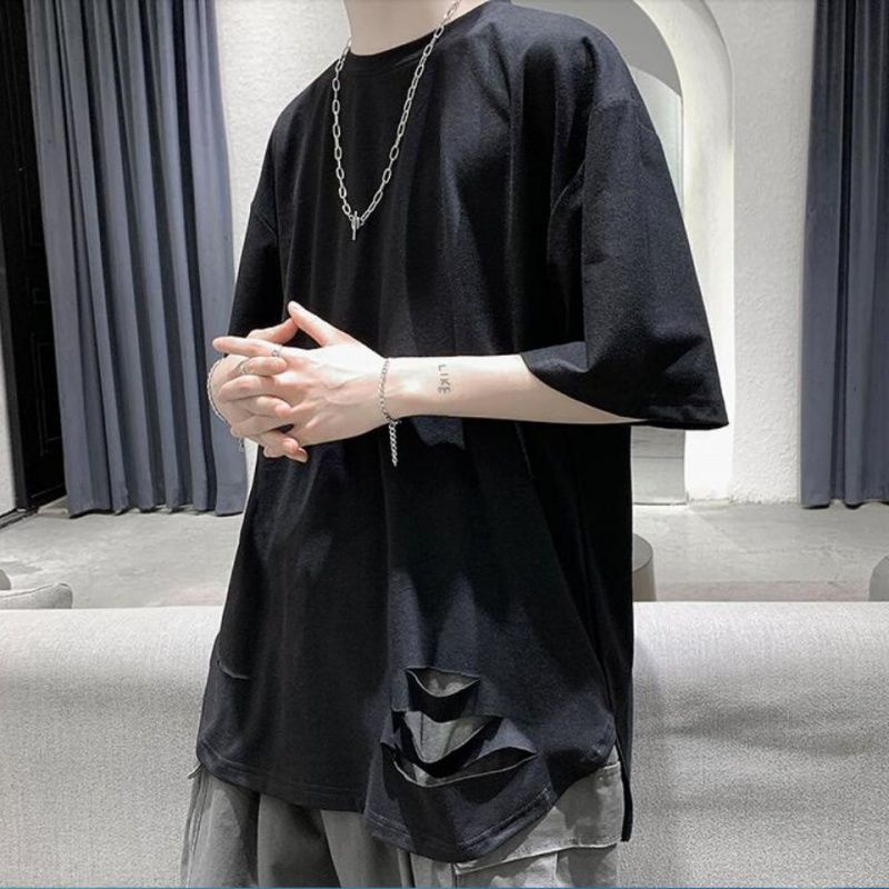 Áo Thun Tay Ngắn Màu Trơn Dáng Rộng Thiết Kế Rách Cá Tính Thời Trang Mùa Hè Cho Nam Giới
