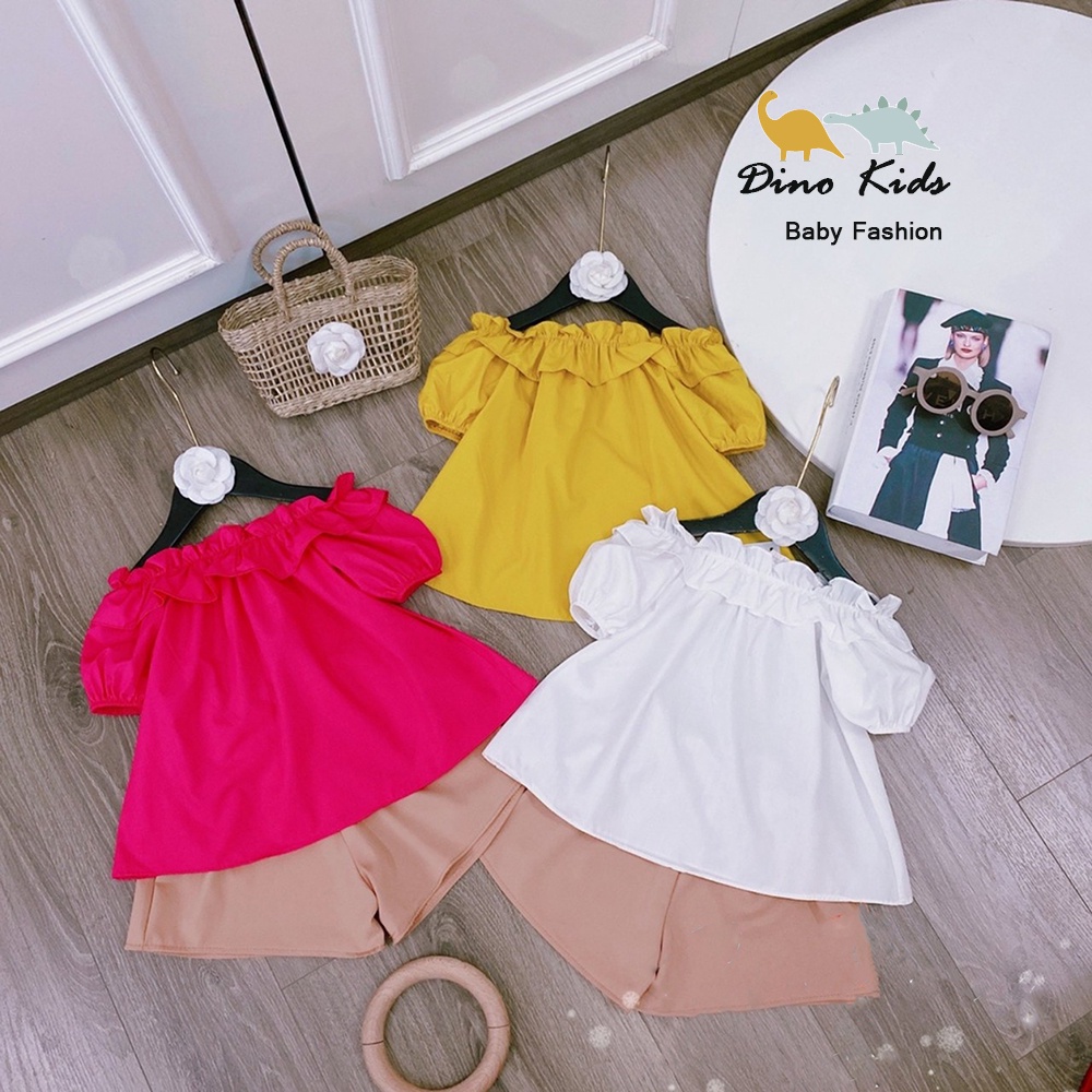 Bộ cộc tay bé gái, set áo cổ bèo vải thô mềm mát phối quần đùi nâu cho bé size 10-35kg