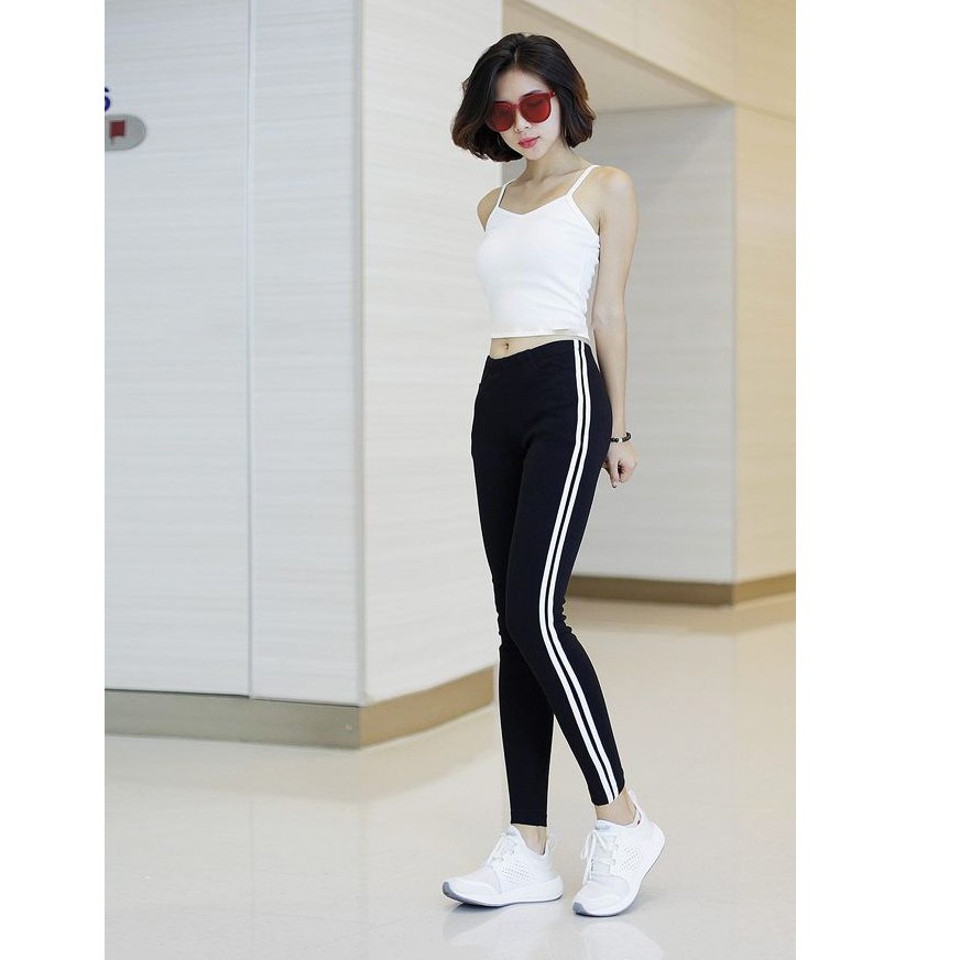 Quần Legging Lưng Liền Đen 2 Sọc Trắng Thun Co Giãn Mềm Mại