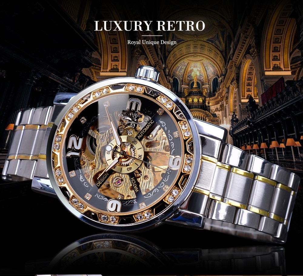 Forsining Đồng Hồ Đeo Tay Cơ Khí Bằng Thép Không Gỉ Màu Vàng Kim Cương Thời Trang Dành Cho Nam