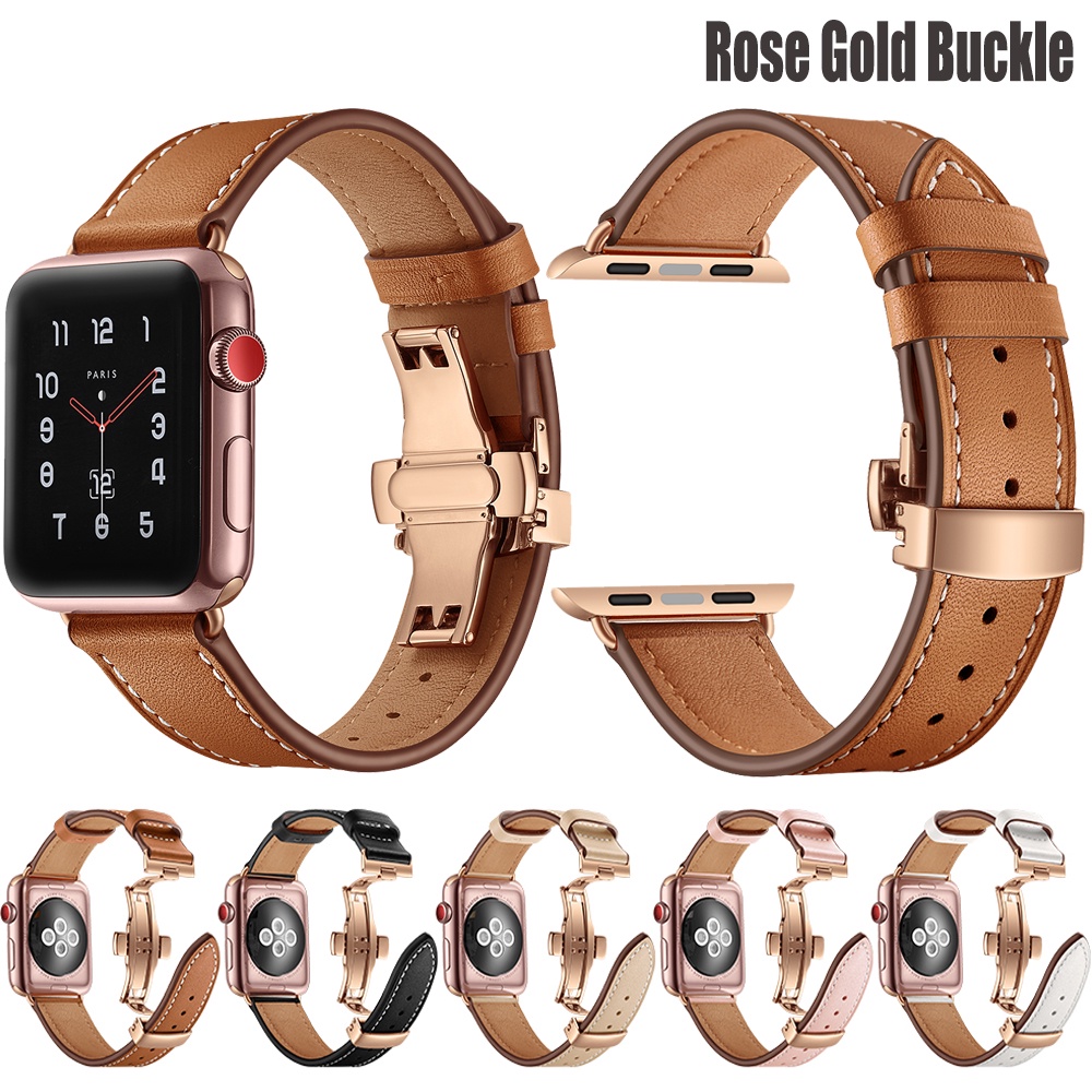 Dây Đeo Da Thật Có Khóa Hình Bướm Màu Vàng Hồng Cho Đồng Hồ Thông Minh iWatch 44mm 40mm 7 SE 6 5 4 3 2 1