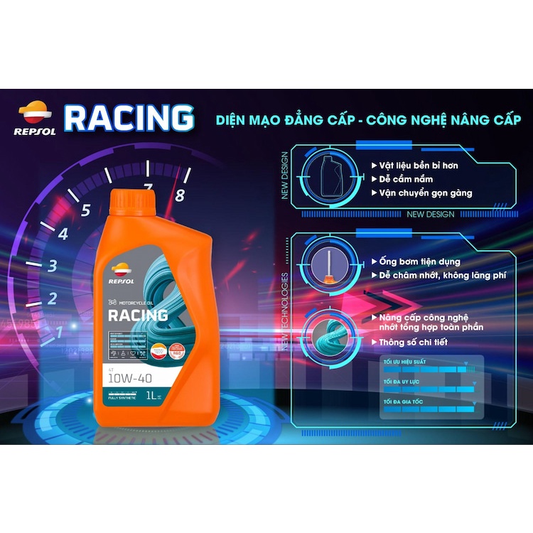 Nhớt tổng hợp 100% cho xe số, exciter, Winner mô tô PKL PKN Repsol Racing 10W40 1L- Nhập Tây Ban Nha