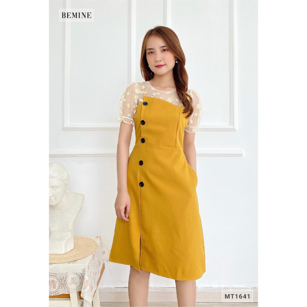 Đầm nữ công sở thiết kế đính nút lệch phối cổ BEMINE MT1641VANG | BigBuy360 - bigbuy360.vn