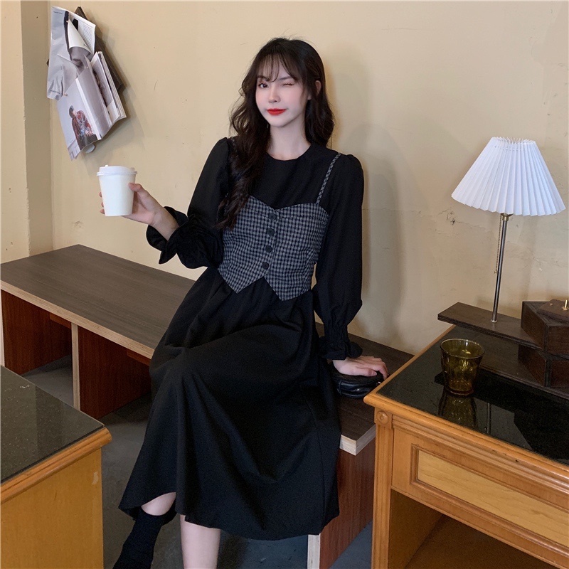 Đầm ZHELIHANGFEI đen tay dài nhấn eo tôn dáng phong cách retro hợp thời trang