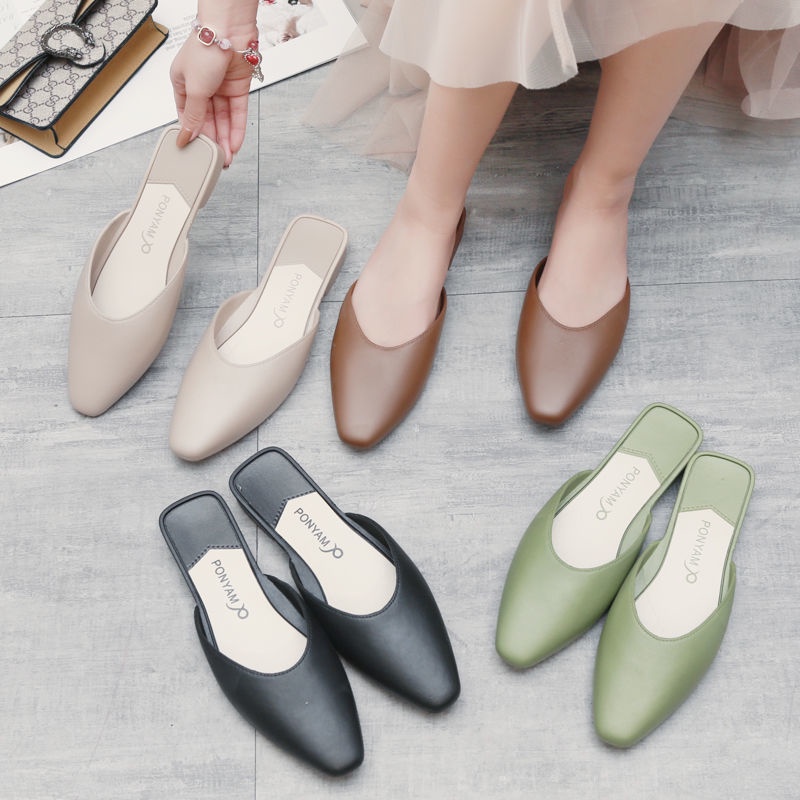 Dép Bít Mũi Nhọn Gót Thấp Bằng Cao Su Khaki Màu Xanh Lá/Đen Thoải Mái Thời Trang Xuân Hè