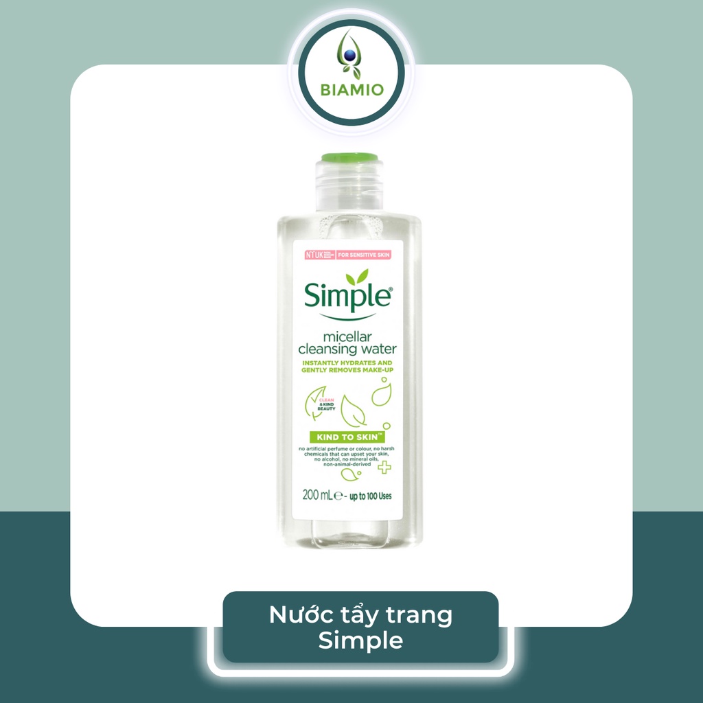 Simple Nước tẩy trang cho da mụn da dầu không cồn dưỡng ẩm 200ml 3 in 1 Micellar Water Cleansing TT02