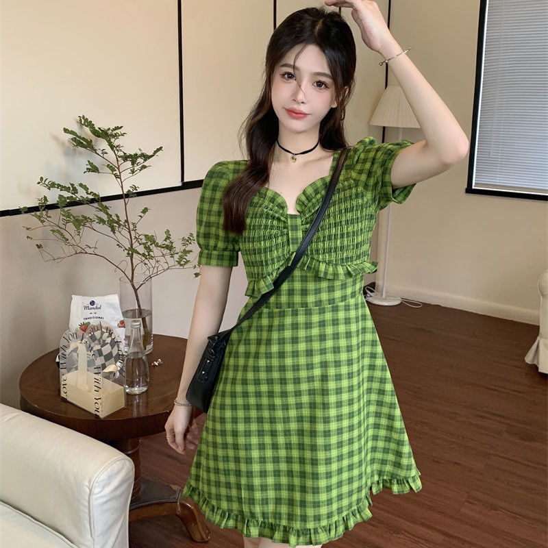 Đầm Tay Ngắn Cổ Vuông Dáng Chữ A Họa Tiết Sọc Caro Phong Cách Hàn Quốc Thời Trang Cho Nữ