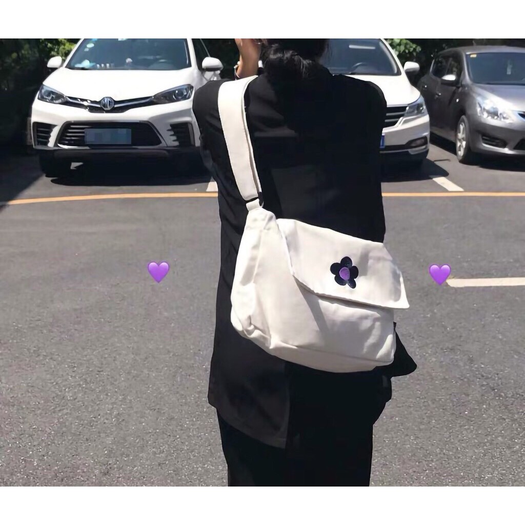 [ Trợ giá ]TÚI TOTE ĐEO CHÉO BÔNG HOA UNISEX NAM NỮ - VẢI DỆT CANVAS MÀU TRẮNG - ĐEN - PHONG CÁCH ULZZANG