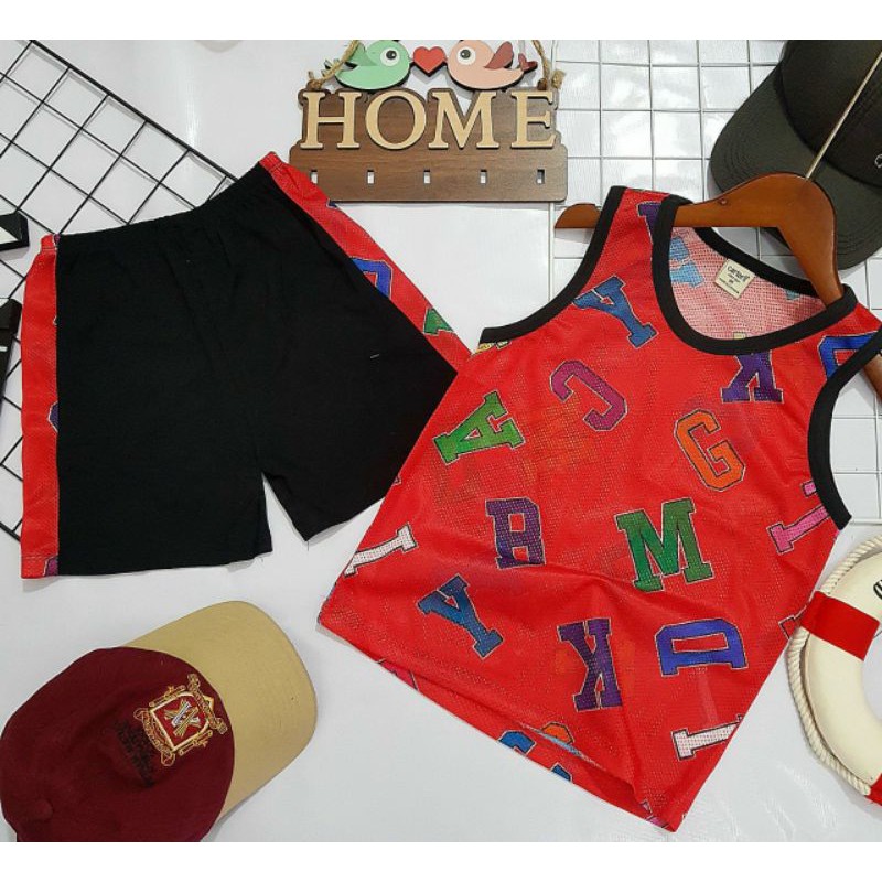 Bộ Sát Nách Bé Trai 22-32kg Xuất Áo Lưới Phối Quần Cotton 4 Chiều