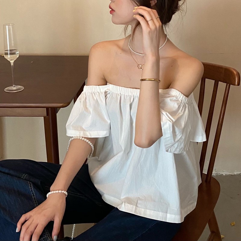 Áo nữ trễ vai SUXI dáng rộng màu trơn thời trang mùa hè phong cách vintage