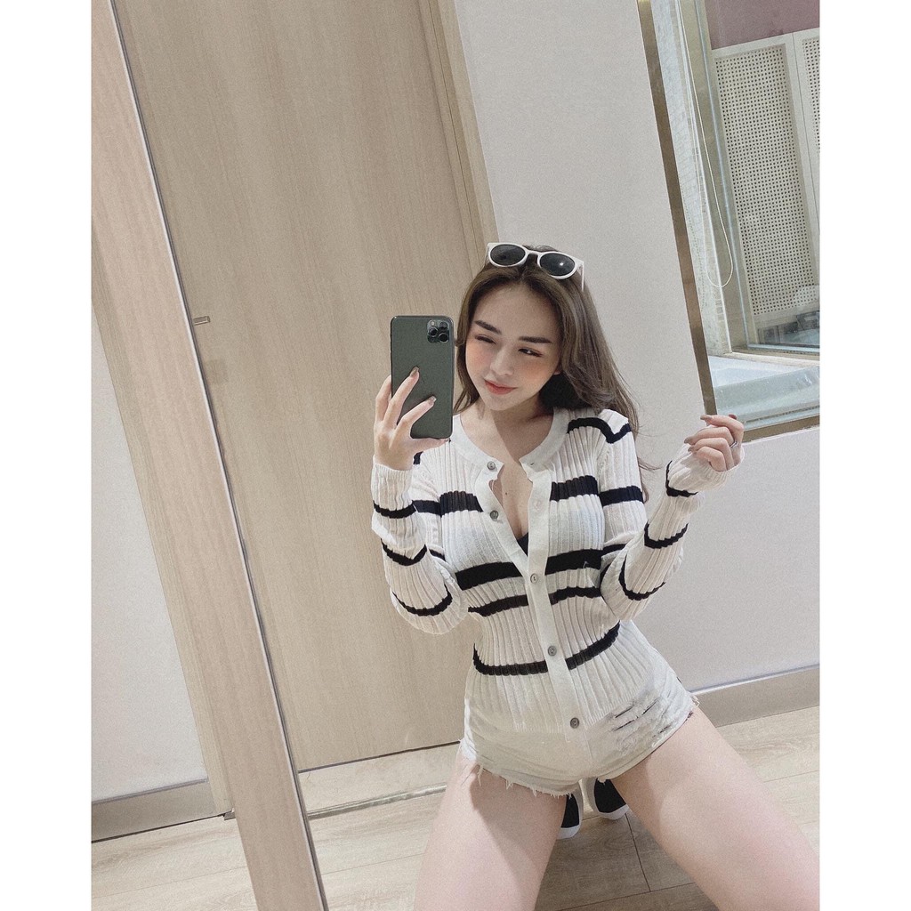 [ÁO CADIGAN] Áo Cardigan Len Mỏng, Áo Dệt Kim Tay Dài Sọc Ngang Mix Quần, Chân Váy Xinh | BigBuy360 - bigbuy360.vn