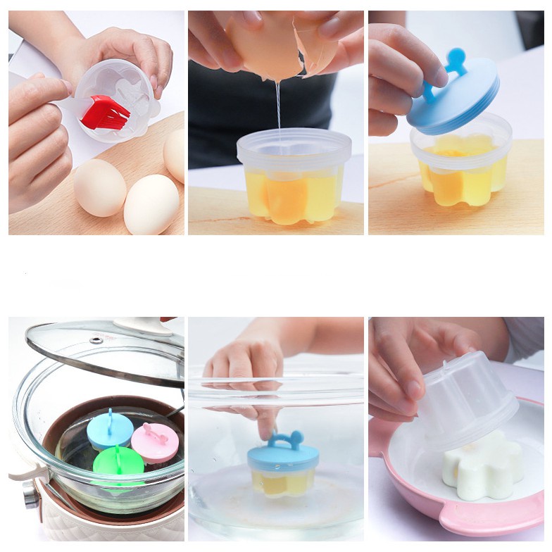 Khuôn hấp trứng đậu hũ non tạo hình kèm chổi phết dầu chịu nhiệt cho bé 2X MART