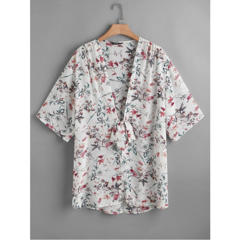 ÁO KIMONO ĐI BIỂN MÀU TRẮNG HOA TAY NGẮN THẮT NƠ PHÍA TRƯỚC 70-110KG-A128