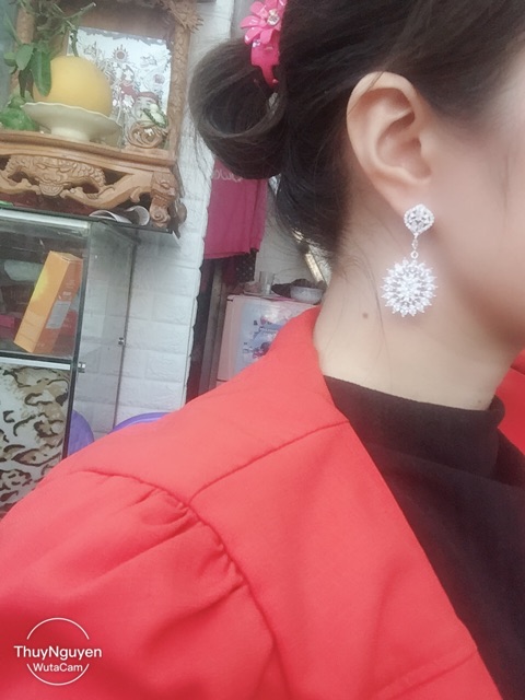 Khuyên tai bạc thật mạ vàng trắng đá nhân tạo cao cấp mẫu treo hoa full đá