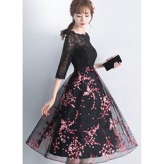 Đầm ren dự tiệc phối ren lưới in hoa đào cao cấp by4291