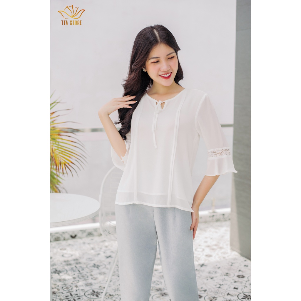 Áo somi cao cấp cổ tròn cột nơ tay lỡ trắng TTV583
