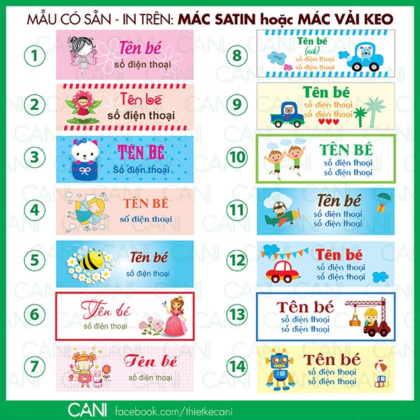 MÁC SATIN CHO BÉ 1 gói gồm 25c hoặc 50c Phù hiệu In theo thông tin riêng Mác quần áo cho bé CANI