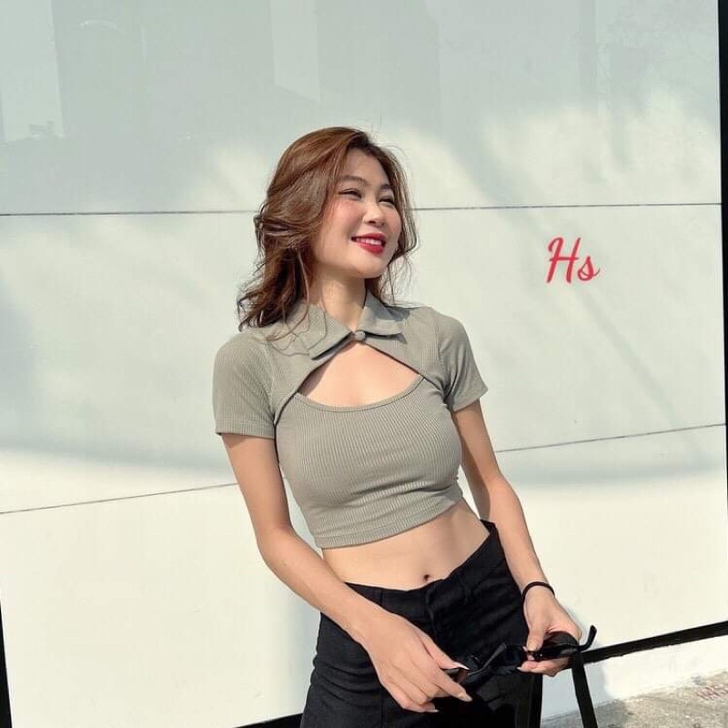 Áo croptop cài cúc cổ bẻ HSU1