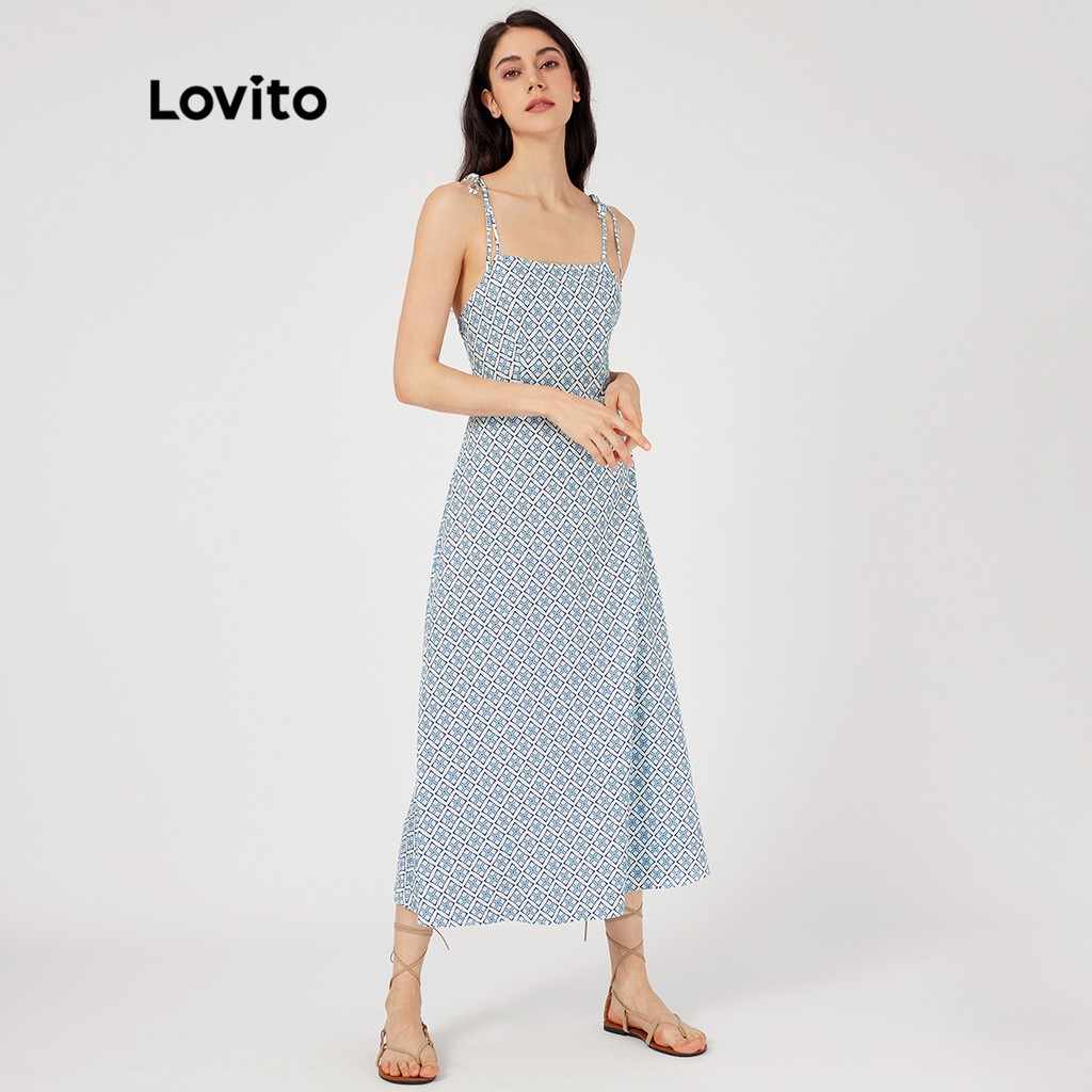 Đầm Lovito hở lưng cột dây họa tiết kẻ caro sang trọng L23LD067 (màu xanh dương)