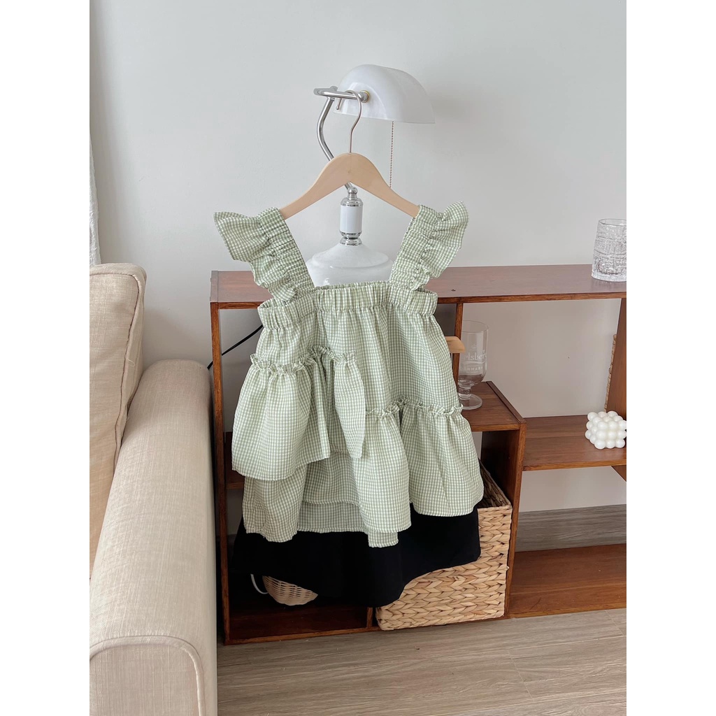 Set áo 2 dây bản to cổ vuông dáng babydoll quần short cạp cao SE028