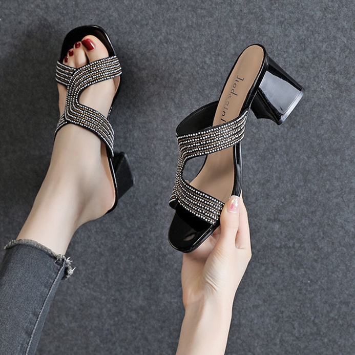 Tikp Dép Cao Gót Quai Ngang Đính Đá 2 Màu Tùy Chọn Size 34-40