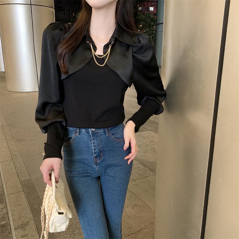 Áo Sơ Mi Giả Hai Lớp Tay Dài Kèm Khăn Choàng Màu Sắc Độc Đáo Dành Cho Nữ