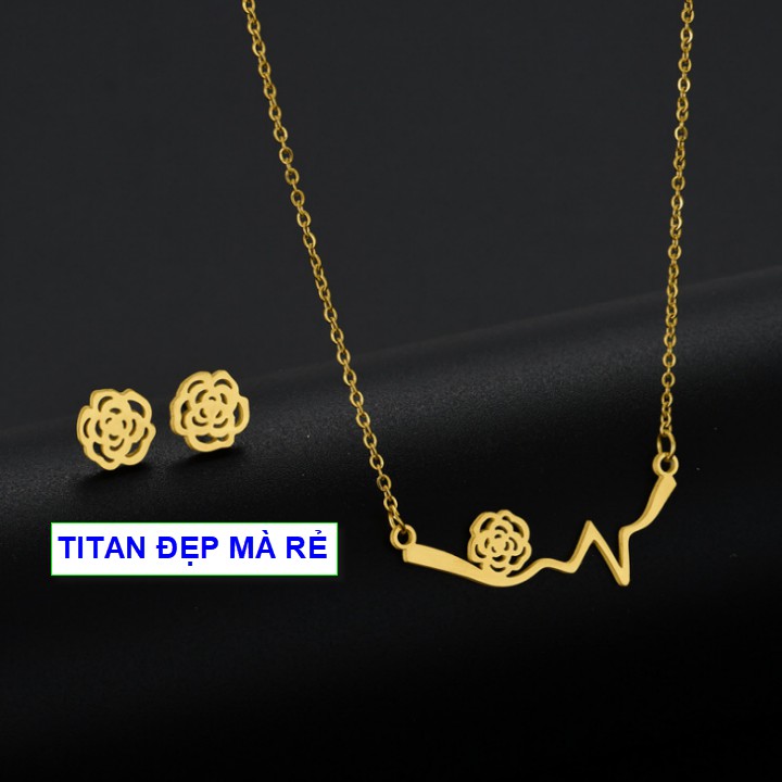 Bộ trang sức kiểu titan nữ liền mặt nhịp tim hoa hồng - Hàng titan vàng 18k sáng bóng đẹp - Cam kết 1 đổi 1 nếu đen