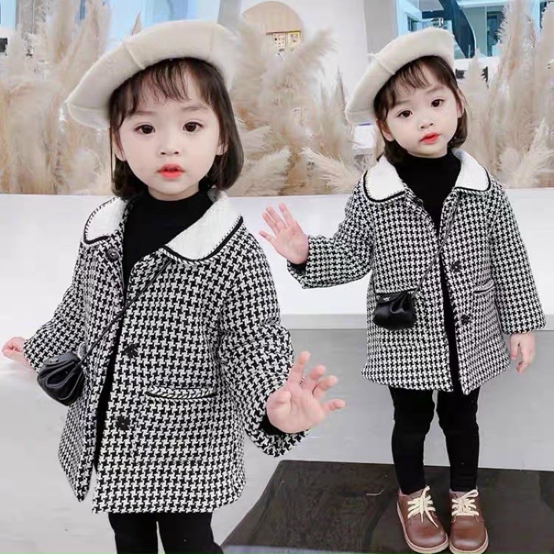 Áo dạ zikzac bé kiểu dáng váy kèm nơ