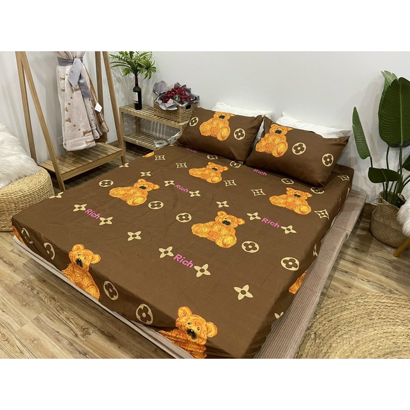 Bộ Ga Gối Gấu Nâu Cotton poly 3D thun mát hình dễ thương đủ kích thước ga bo chun có vỏ gối